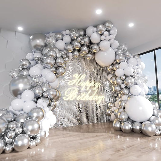 White and Silver Balloon Arch Kit, 140Pcs White Metallic Silver and Silver Confetti Party Balloon Garland Kit for Birthday, Wedding, Engagements, Baby Shower, Anniversary Party Decorations