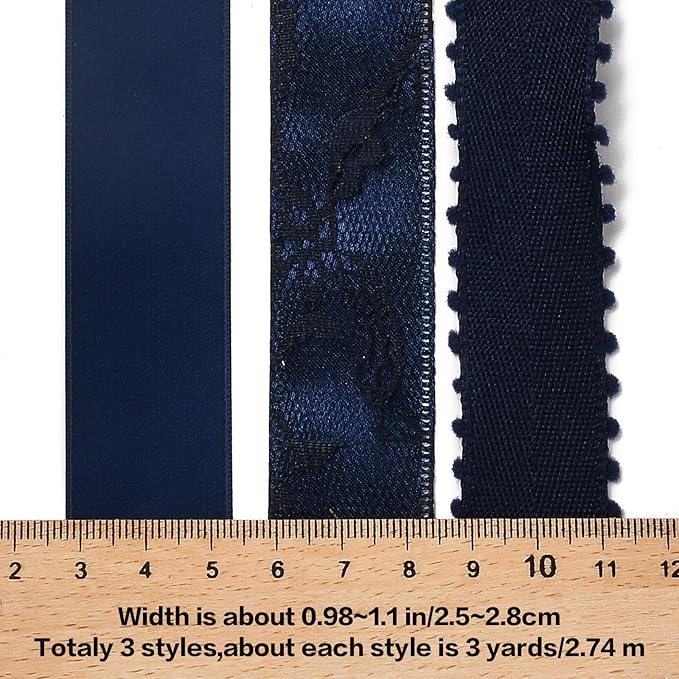BEEFLYING 3 Styles Navy Blue Wire Edged Ribbons for Gift Wrapping Decoration 25~28mm×2.7m Satin Ribbons for Wedding Party Decoration Hair Bows Flower Designs Sewing and Craft, 9 Yards