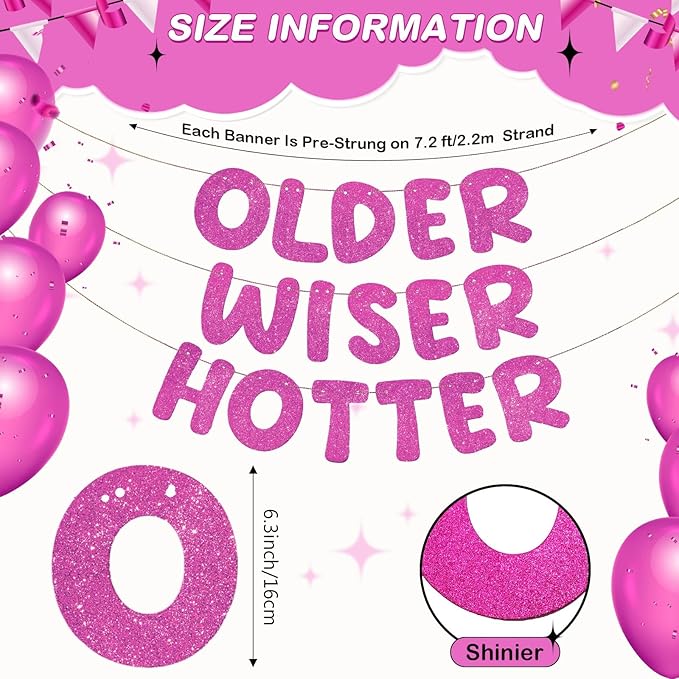 Fulmoon Set of 3 Pre Strung Older Wiser Hotter Glitter Banner Funny Birthday Banner for Women 30th 40th 50th 60th 70th 80th Birthday Party Decorations Sign Gift(Hot Pink)