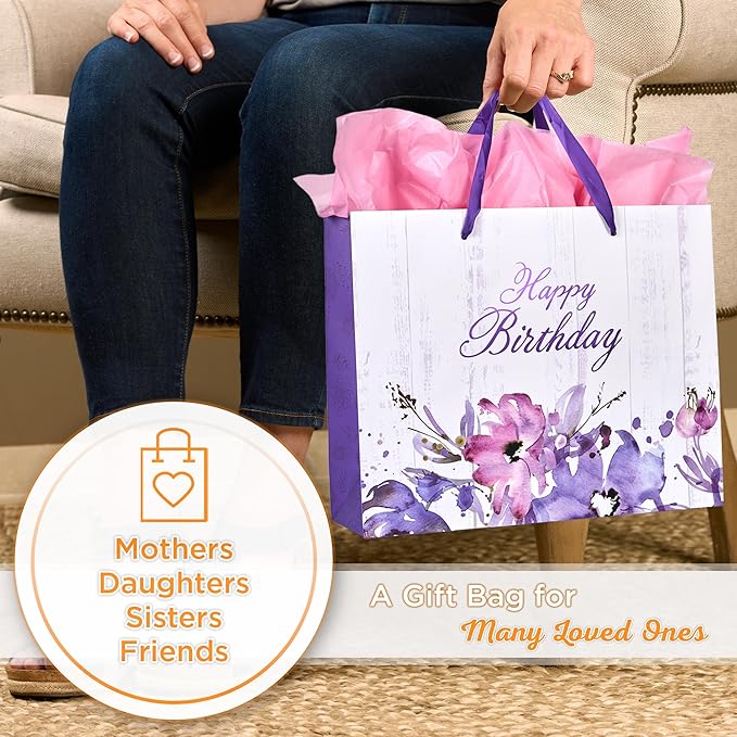 Christian Art Gifts Three Piece Landscape Gift Bag w/Card & Tissue Paper Set for Women: Happy Birthday - White & Purple Blooming Spring & Summer Floral for Moms, Grandmas, Sisters, Girlfriends, Large