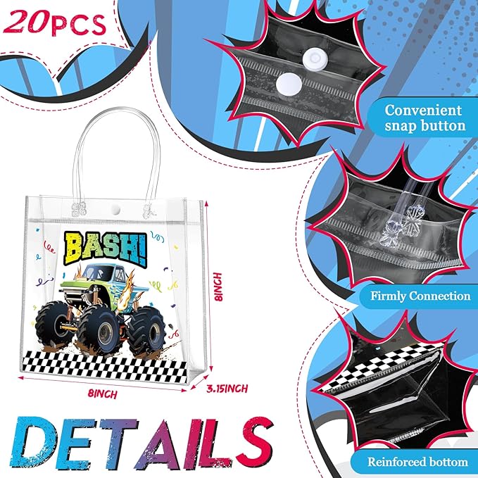 Aliceset 20 Pcs Truck Party Clear Favor Bags with Handles Monster Racing Car Party Treat Bags Truck Race Themed Decorations for Birthday Baby Shower Goodie Supplies, 8x8x3.15 inch
