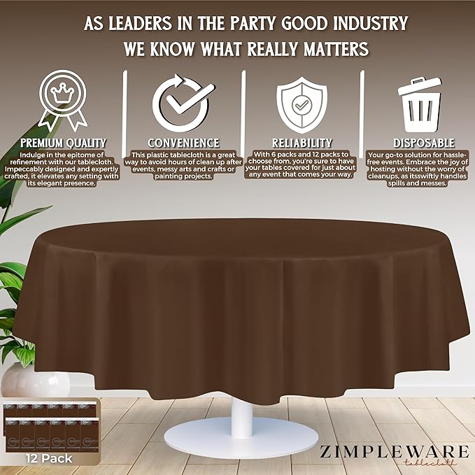 ZIMPLEWARE Premium Brown Plastic Table Cloth Disposable (12 Pack) Round Tablecloth (84in) Party Table Cloths Disposable, Perfect Table Cloth Round Cover for Any Table Up to 6 Feet