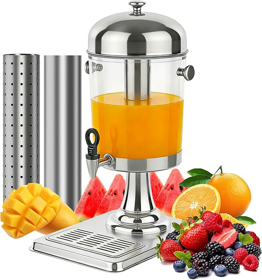 Beverage Dispenser with Stand,2 Gallon Drink Dispenser for Parties,Events,Buffet &Self-Serve,Dual Ice Tube Core Fruit Infuser,Leakproof Spigot,Clear PC Container,Stainless Steel Lid&Base