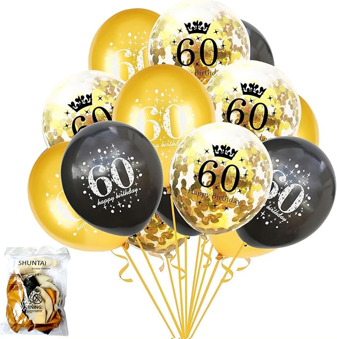 SHUNTAI 60th Birthday Balloons Black and Gold 60th Birthday Decorations for Men Women Latex Confetti Balloon 60 Years Old Anniversary Theme Happy Birthday Party Supplies 15 Pack 12 Inch