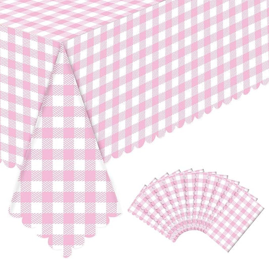 NatNarr 12 Pack Pink Gingham Tablecloths, 54 X 108Inch Scalloped Pink and White Checkered Table Cloth, Disposable Party Table Covers for Wedding Picnic Birthday Baby Bridal Shower Anniversay