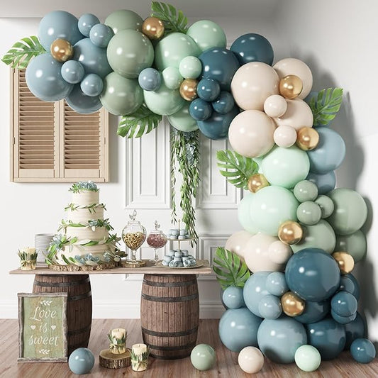 HILAVO Dusty Blue Sage Green Balloon Arch Kit Slate Fog Blue Pastel Green White Sand Beige Gold Balloons Garland for Jungle Safari Birthday Baby Shower Wedding Party Decorations