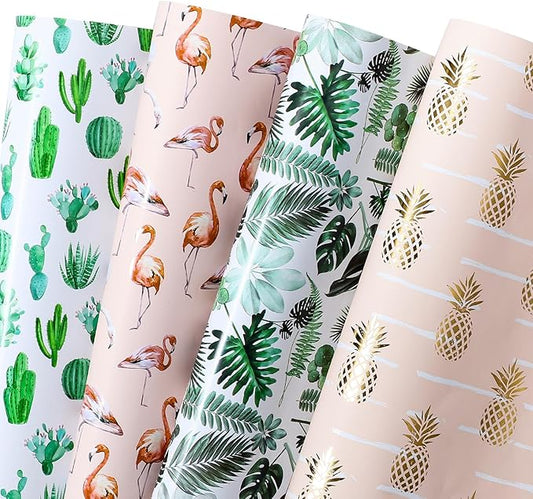 WRAPAHOLIC Summer Wrapping Paper Sheet - 12 Sheets Flamingo/Cactus/Pineapple/Banana Leaf Design Folded Flat for Wedding, Baby Showers, Birthday, Party - 19.7 Inch x 30 Inch Per Sheet