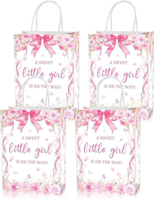 16 Pcs A Sweet Little Girl is on The Way Baby Shower Goodie Bag,Pink Bow Girls Gift Snacks Treat Candy Party Favors Bags for Pink Floral Theme Baby Shower Gender Reveal Party Decorations Supplies