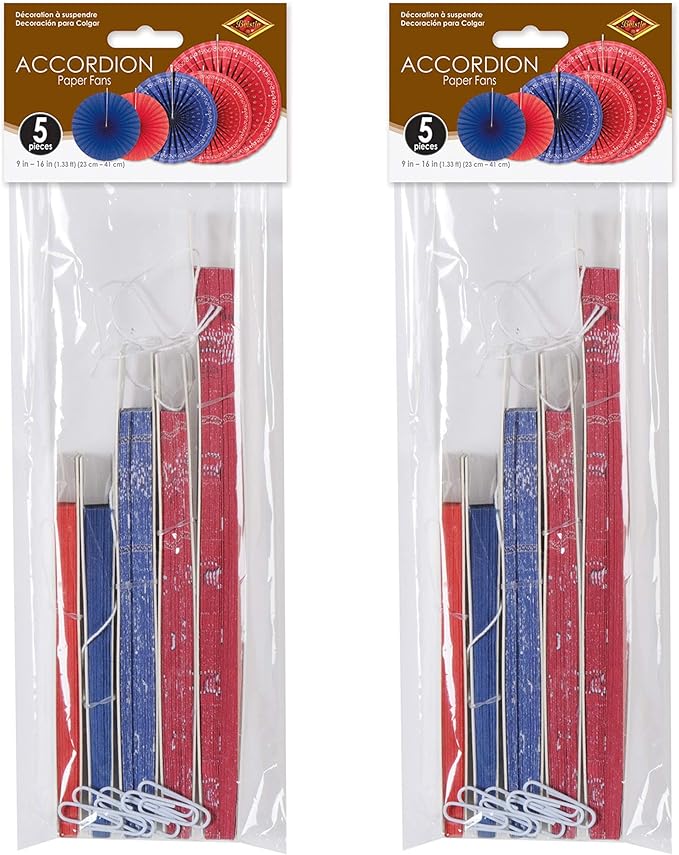 Beistle Bandana Accordion Paper Fans 10 Piece, 9" - 16", Red/Blue