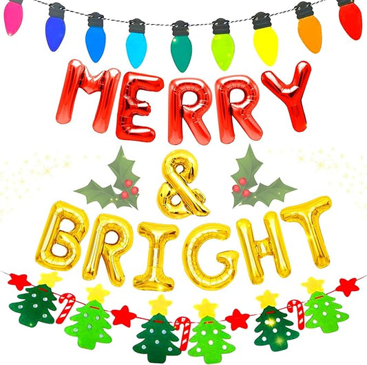 Merry & Bright Balloons Merry and Bright Sign Backdrop Christmas Pajamas Balloons Christmas Party Decoration Supplie