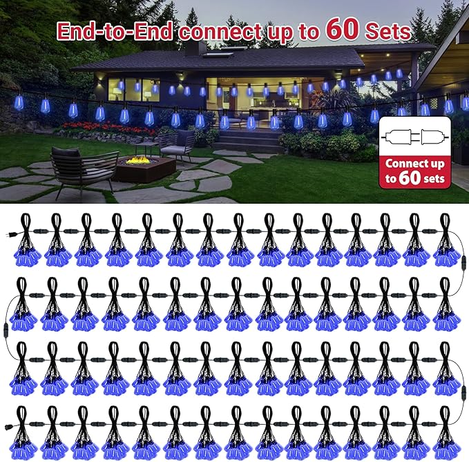 LAMPHOME 26Ft ST38 Outdoor String Lights, Blue Patio Lights with 12+1 ST38 Edison Bulbs, LED Shatterproof String Lights for Outside Bistro Christmas Patio Party Decorations