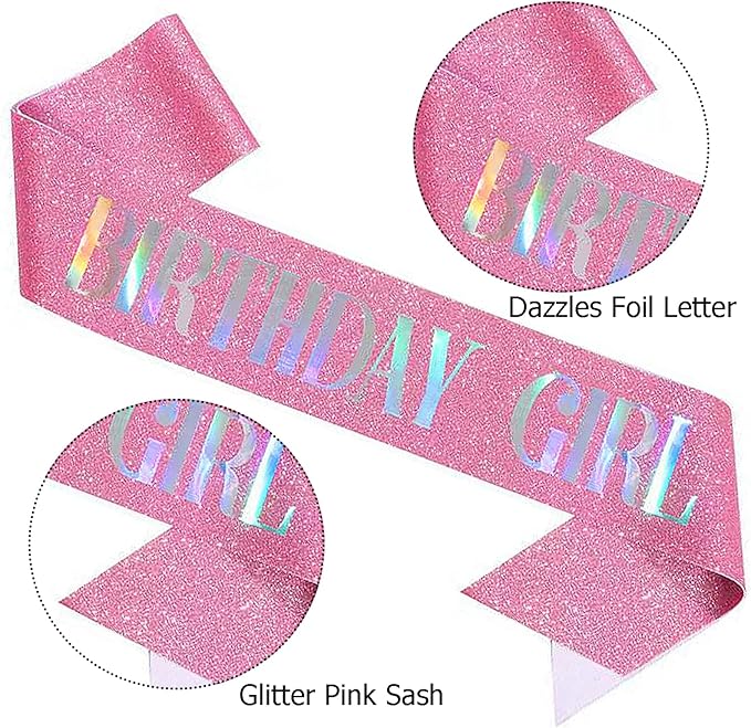Birthday Sash Pink, Dazzle Foil Letter Glitter Birthday Girl Sash for 10th 11th 13th 16th 18th 21st Bday Gifts Party Suppiles Favors
