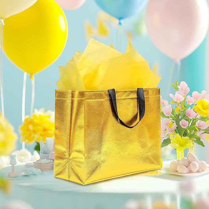 KeerxunBag 12Pcs Reusable Gift Bags（Includes Tissue Paper） Gift bag with handle Birthdays Parties Holidays Weddings Medium 13x5x11in Golden Yellow Gift Bags