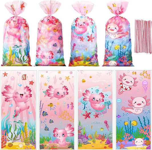 Marspark 100 Pcs Pink Axolotl Party Cellophane Treat Bags Bulk with Ties 10.8 x 5 Inch Cute Animals Amphibian Themed Gift Candy Snacks Bags for Baby Shower Birthday Party Decorations