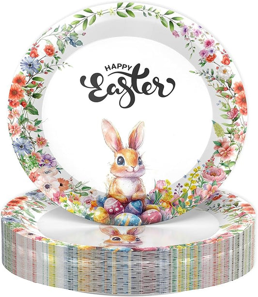 Easter Disposable Paper Plates, 50pcs 9 Inch Round Plates with Bunny & Floral Design, Party Tableware for Brunch, Spring Party & Holiday Decor