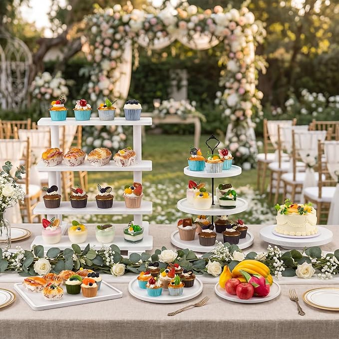 Roowest Wood Cake Stands Set of 6 Wood Dessert Tower Dessert Trays Desert Stands Cupcake Stand Rustic 3 Tier Farmhouse Cupcake Serving Stands with Dessert Trays for Tea Party(White)