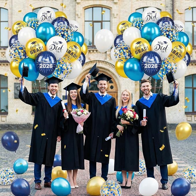 Blue and Gold Graduation Balloons, 60PCS Congrats GRAD Printed Balloon, 12 Inch Navy Blue White Metallic Blue Gold Confetti Latex Party Balloons Helium for Class of 2026 Graduation Party Decorations