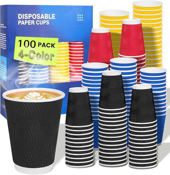 MOUMOULIFE 12 oz Disposable Paper Coffee Cups, 100 Pack 4-Color Assortment (Black, Blue, Red, Yellow), Leak-Proof Insulated Ripple Wall To-Go Cups for Hot/Cold Drinks, Home Office Cafe Party