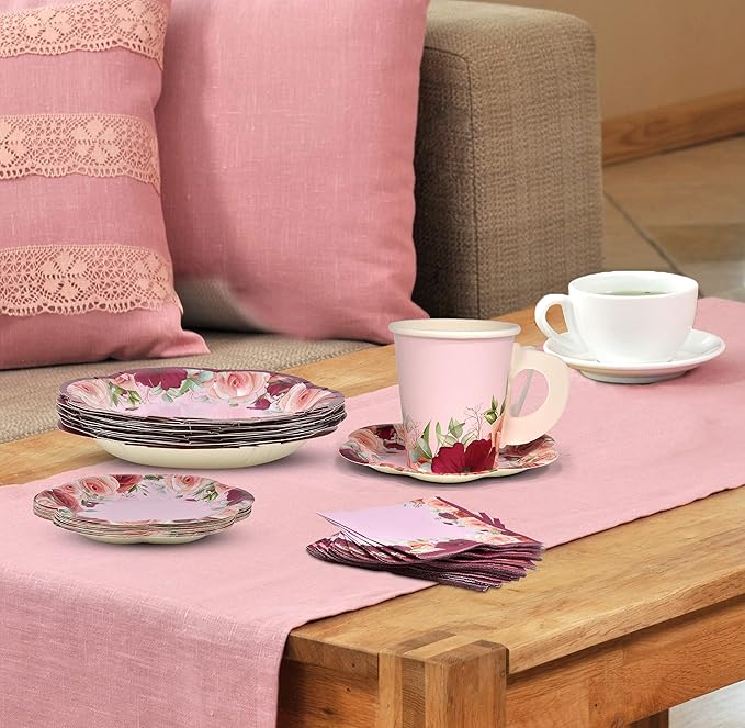 96 Pcs Floral Tea Party Supplies for 24 Disposable Tea Party Cups with Handle 7??5??Floral Paper Plates Paper Napkins for Birthday Bridal Shower