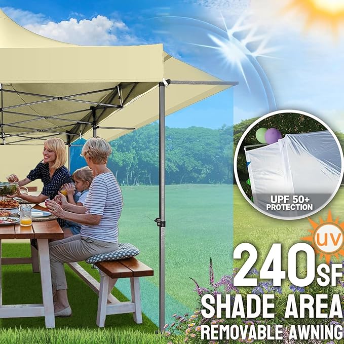 COBIZI 10x20 Pop Up Canopy Tent Heavy Duty with Awning, Outdoor Commercial Canopy with Sidewalls, Waterproof UPF 50+ All Season, Vendor Tent for Market and Party, Khaki