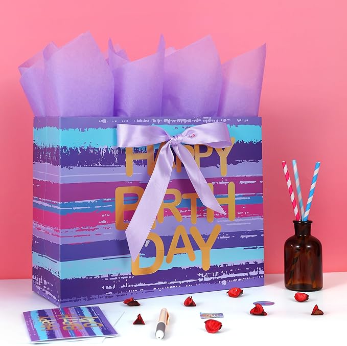 13" Large Purple-blue Multicolor Watercolor Gift Bag Set with Greeting Card and Lavender Tissue Papers (Gold Foil ‘Happy Birthday’) for Women's or Men's Birthday Party, Girls', Boys' or Kids' Party,