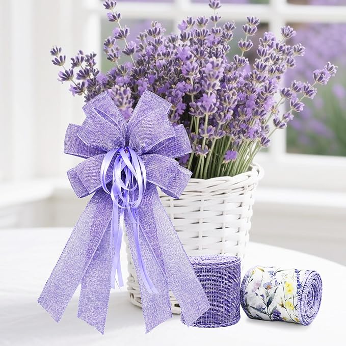 Lavender Floral Wired Ribbon Set, 2 Rolls 2.5 Inch Wide, 10 Yards Total, Rustic Lavender Burlap Ribbon for Wedding Decor, Baby Shower, Wreaths, Spring Summer Home Decor, Mother's Day Decor