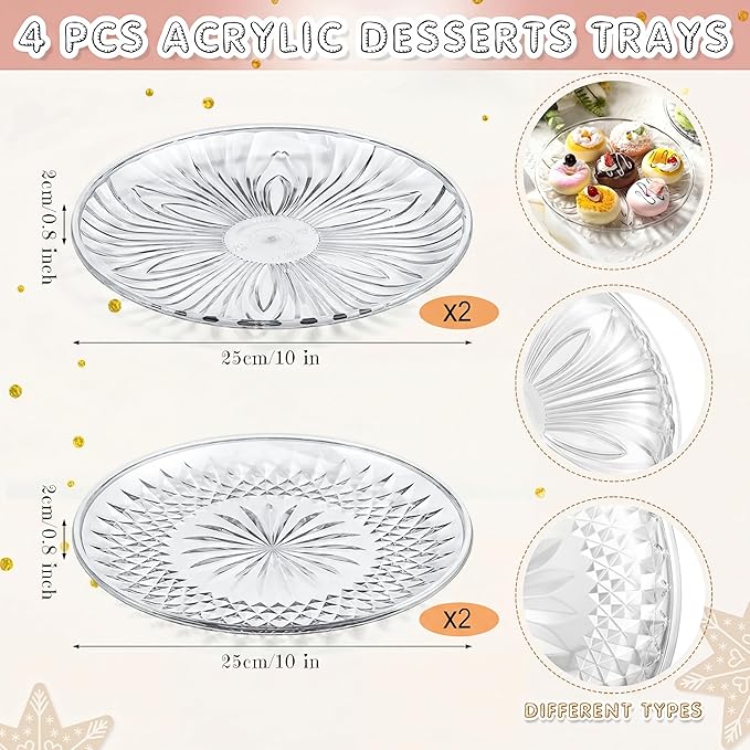 Pinkunn 9 Pcs Acrylic Cake Stand Set Include 4 Pcs 3 Tier Cupcake Tower 4 Round Dessert Tray 1 Cake Pedestal Stand Dessert Table Cupcake Holder for Birthday Wedding Baby Shower Party Decoration