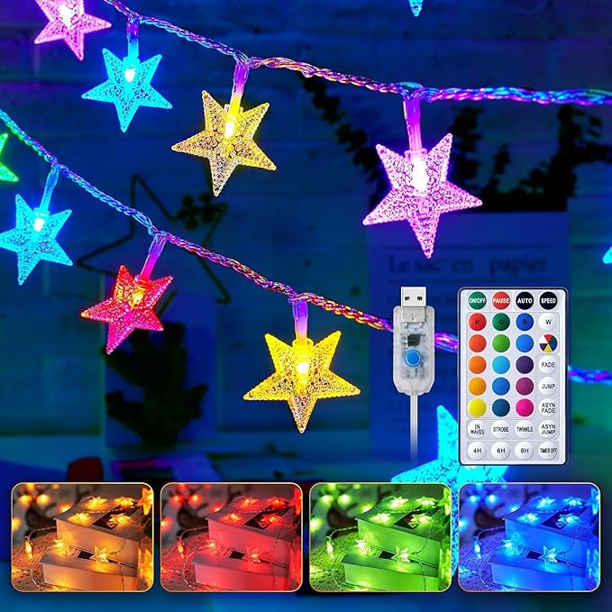Minetom USB Star String Lights - 39 ft 100 LED Color Changing Star Fairy Lights with Remote and Timer, 16 Single Colors and 7 Modes Starry Lights for Bedroom Dorm Tent Bed Patio Christmas Party Indoor