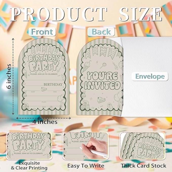 Retro Birthday Party Invitations, Green Retro Wave Theme Birthday Invitation for Boys Girls, 20 fill in Invitations Cards with Envelopes, Party Decorations Supplies (arch)