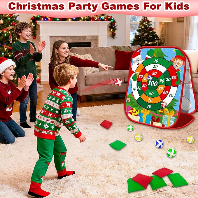 2 In 1 Christmas Party Games for Kids Adults, 20 Pcs Double Sided Foldable Board with Bean Bags Sticky Balls Toss and Dart Game Christmas Theme Gift for Family Xmas Party Favor Carnival Indoor Outdoor