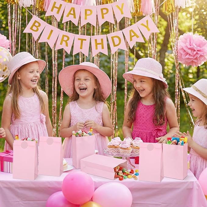 woric 36PCS Pink Paper Bags with Stickers, Small Pink Party Favor Bags for Girls Birthday Self Stand Goodie Gift Bag for Kids Baby Shower Wedding Party Decor