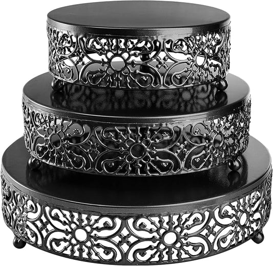Hedume Set of 3 Metal Cake Stand, Black Round Cake Stand, 8" 10" 12" Dessert Cupcake Pastry Candy Display Plate for Wedding, Event, Birthday Party