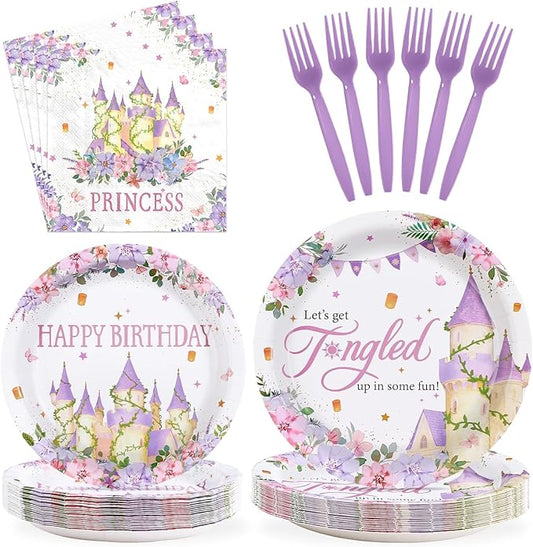 96Pcs Princess Birthday Party Supplies Purple Tower Castle Party Plates and Napkins Disposable Purple Princess Themed Tableware Set for Birthday Baby Shower Wedding Decorations, Serves 24