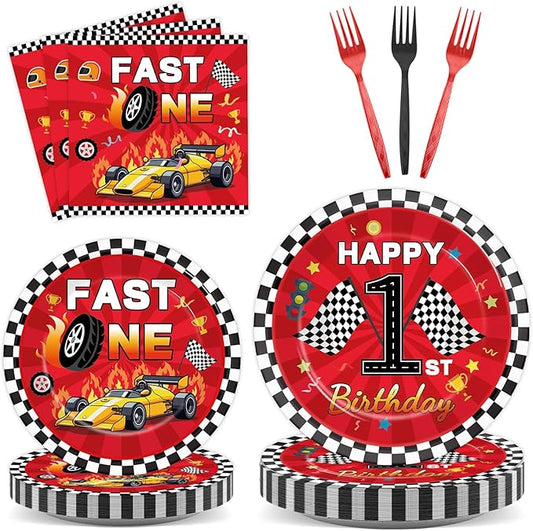 96Pcs Fast One Birthday Party Supplies Racing Car 1st Birthday Paper Plates Napkins Race Cars Party Decorations Baby Show One Year Old Dinnerware Favor Tableware Serves 24