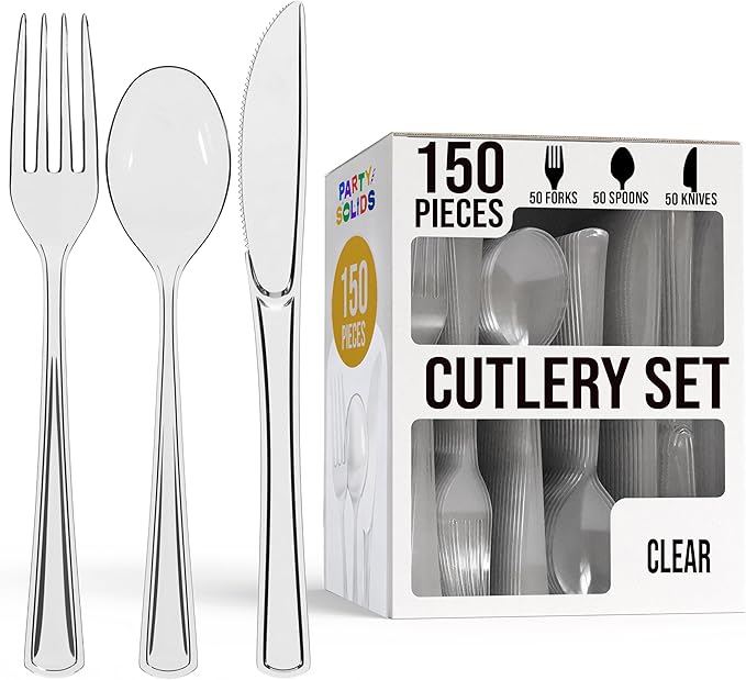 Party Solids Clear Plastic Silverware Heavy Duty 150 Pieces Clear Disposable Silverware Heavy Duty, Utensil Sets, 50 Of Each Forks, Knives & Spoons Disposable Cutlery Set For Party Supplies