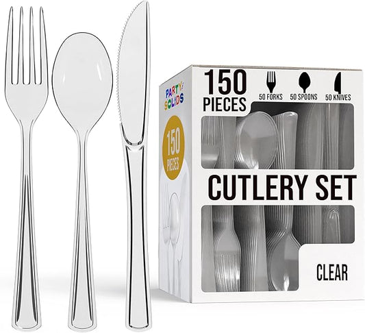 Party Solids Clear Plastic Silverware Heavy Duty 150 Pieces Clear Disposable Silverware Heavy Duty, Utensil Sets, 50 Of Each Forks, Knives & Spoons Disposable Cutlery Set For Party Supplies