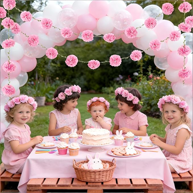 2PCS Pink Tissue Paper Pom Pom Garlands, Pink Party Decorations Tissue Paper Flowers Pom Pom with Green Leaves for Wedding Bridal Shower Party Decor