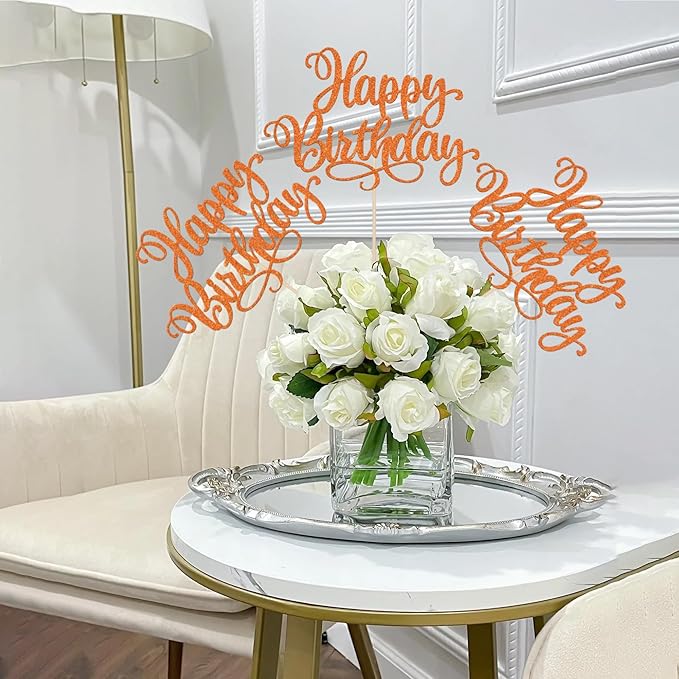 12 PCS Happy Birthday Centerpiece Sticks Double Sided Glitter Birthday Party Table Flower Centerpieces Anniversary Floral Decorations for Celebrating Birthday Party Centerpieces Supplies Orange