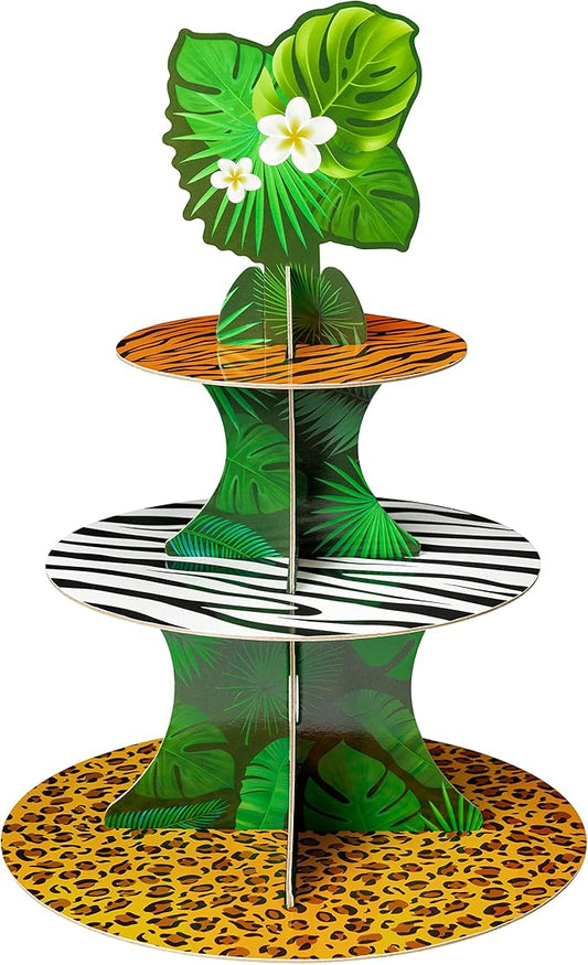 Haooryx Wild Animal Print Cupcake Stand - 3 Tier Safari Jungle Animal Cupcake Tower Cardboard Dessert Holder Pastry Platter for Animal Print Theme Birthday Party Table Decorations Baby Shower Supplies