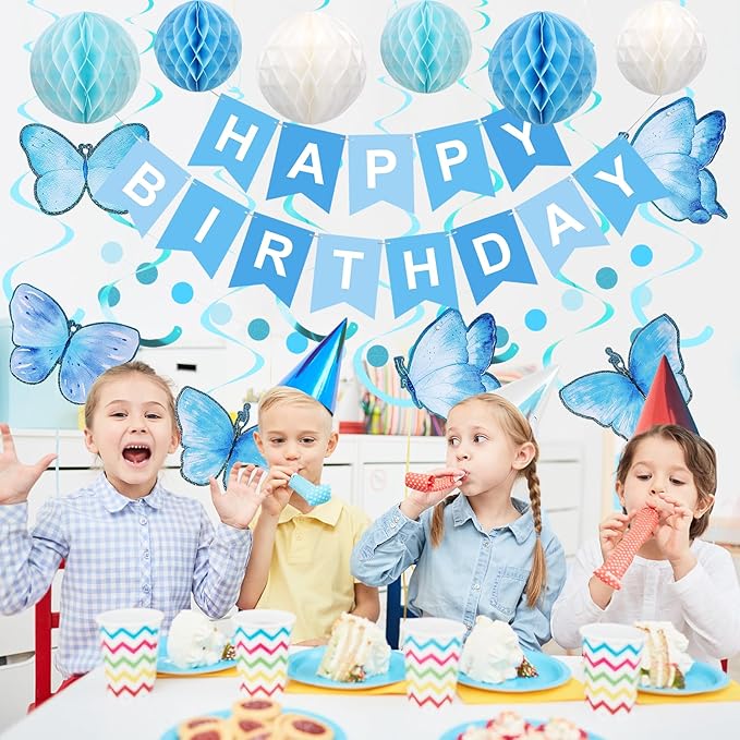 meowtastic Birthday Decorations, Happy Birthday Banner with Honeycomb Balls, Butterfly Hanging Swirl Streamers, Circle Dots Garland, Happy Birthday Party Decorations for Women Men Boys Girls (Blue)