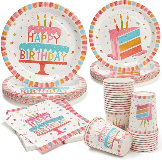 100Pcs Birthday Plates and Napkins Cups Party Supplies Happy Birthday Cake Paper Plates Kids Birthday Party Decorations for Girl, Serves 25