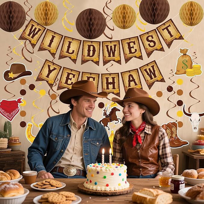 Western Party Decorations Pre-Strung Wild West Yee Haw Banner West Cowboy Hanging Swirls Honeycomb Balls Circle Dots Garland Ceiling Streamers for boys Western Cowboy Themed Birthday Party Decor