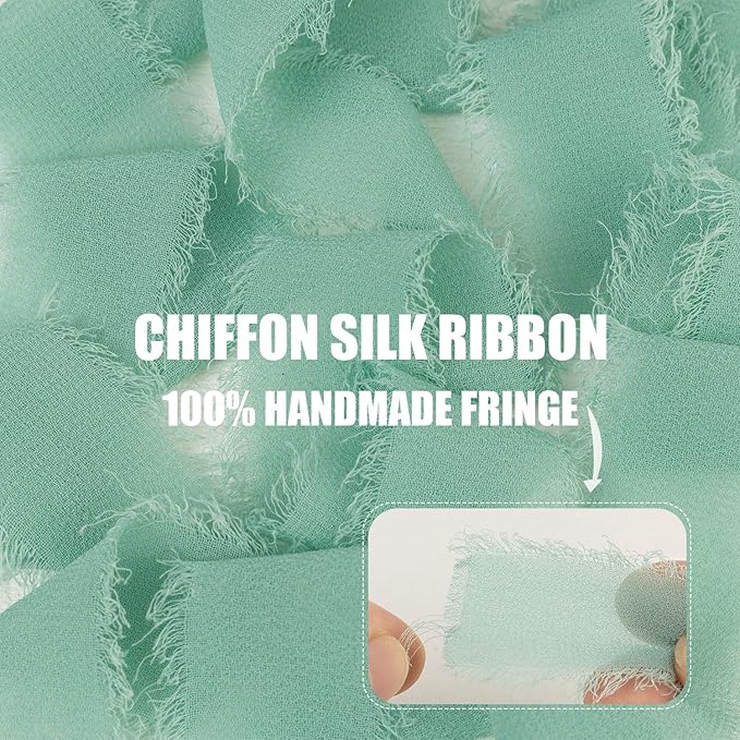 Dusty Green Chiffon Ribbon - 1 Inch x 21 Yards, Handmade Fringe, Silk, Boho Frayed, Gift Wrapping, Wedding Invitation, Bridal Flower Bouquets