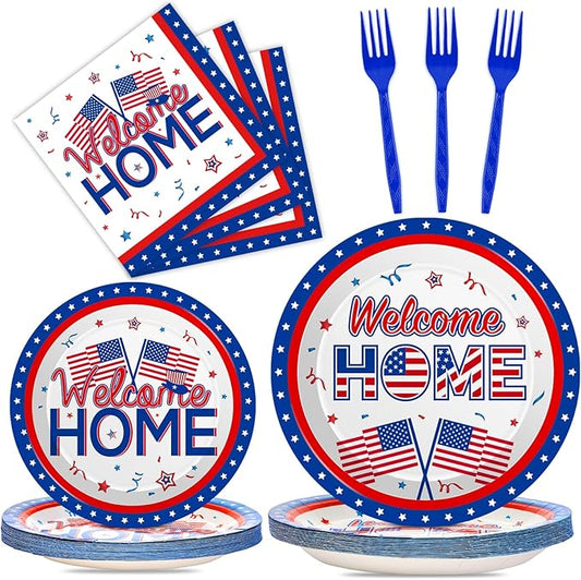 100Pcs Military Welcome Home Decorations Patriotic Army Soldier Homecoming Plates Napkins Proud of You Deployment Returning Party Decor Supplies Red White Blue Welcome Home Tableware Serve 25 Guests