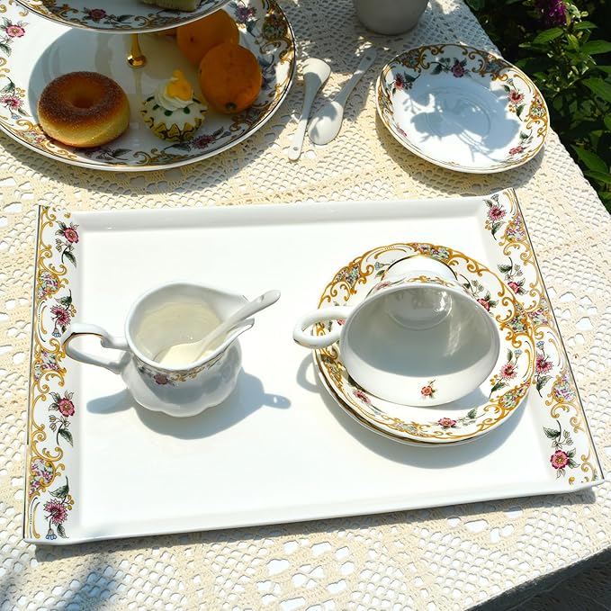 ACMLIFE Bone China Serving Platter, 14 Inch White Rectangular Tray, Elegant Floral Pattern, Ideal for Tea Set, Appetizers, Fruit, Veggies, Desserts