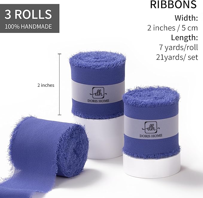 DORIS HOME Electric Blue Chiffon Ribbon for Flower Bouquet, 2" x21Yd Fabric Ribbon for Gift Wrapping, Handmade Frayed Ribbon for Wedding, Chiffon Silk Ribbon for Christmas Decorations