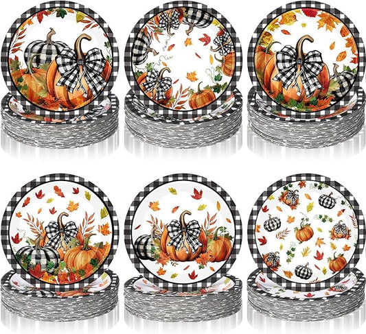 Funnymoom 60 Pcs 7 Inch Fall Pumpkin Paper Plates Thanksgiving Black Buffalo Plaid Plates Decorations Orange Pumpkin Leaves Tableware for Thanksgiving Autumn Harvest Birthday Farmhouse Party Supplies