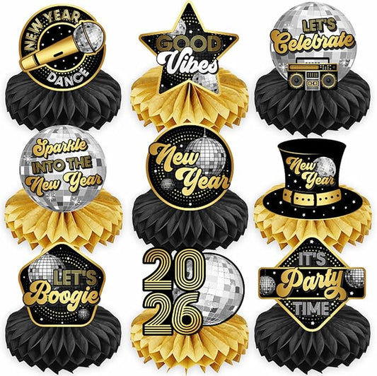Happy New Years Decorations 2026 Honeycomb Table Centerpieces, 9 Pack Black Silver and Gold Themed Table Toppers for New Year Eve Party Decor Supplies Home Dinning Room Event Party Favors
