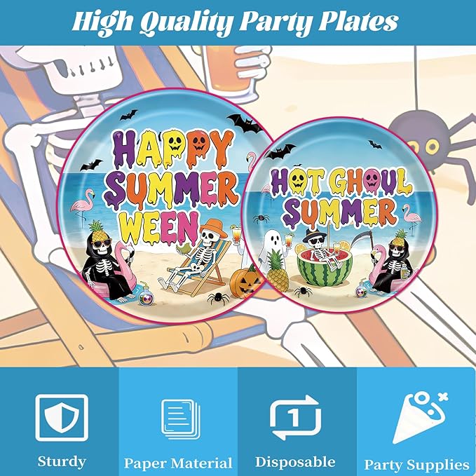 Gameza Happy Summer ween Party Decorations, 96PCS Summer Halloween Disposable Paper Plates and Napkin Decorations, Halloween in Summer Forks Decor for Hawaii Themed Hallows' Eve Ghost Supplies