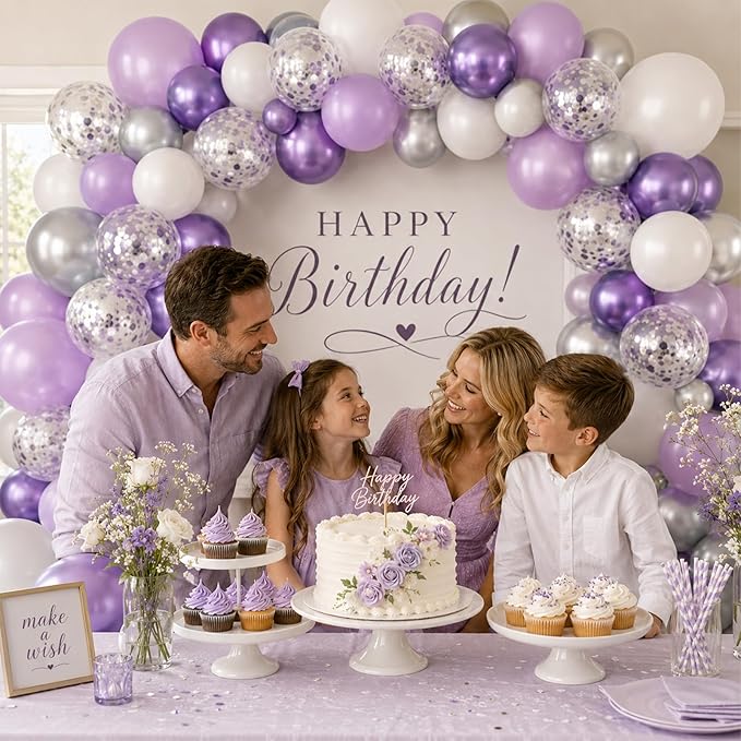 Purple and Silver Balloons 60PCS Pastel Purple Balloons, 12 Inch Metallic Silver Confetti and White Latex Balloon for Girls Women Birthday Wedding Baby Shower Bridal Shower Graduation Party Decor